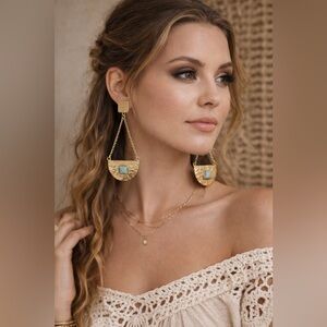 From St Xavier Arna Earring Gold Colored Green Stone Chain NWT